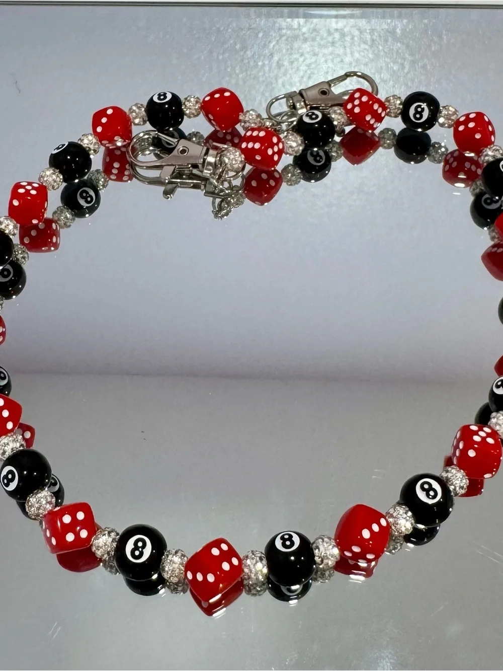 New Beaded Red & Black Dice and 8-Ball Bag Chain 18 inches